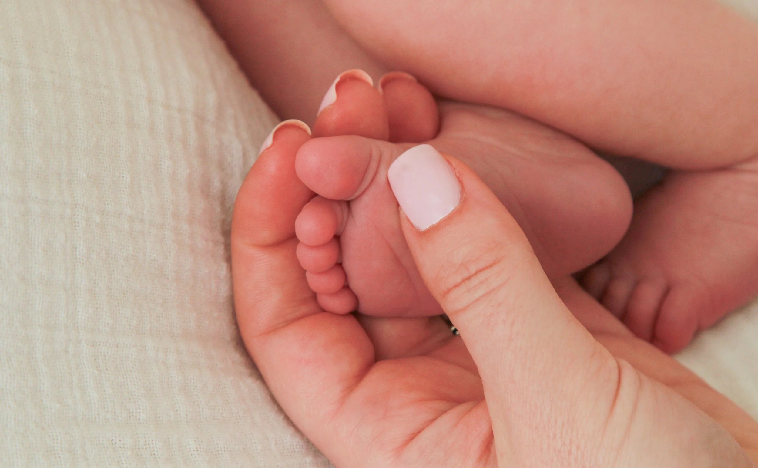 Mother gently holding her newborn baby's tiny feet during a family photography session in Nassau County, NY